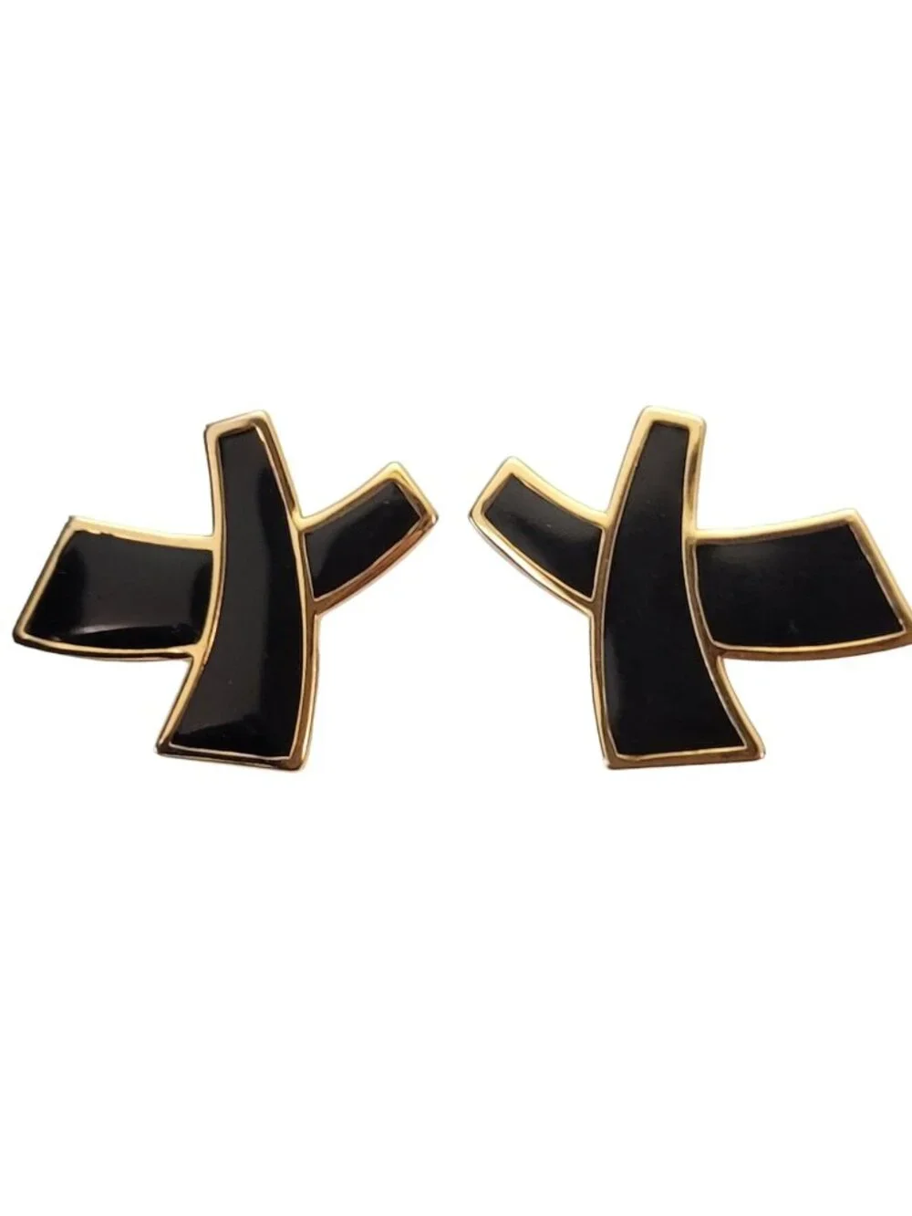 Monet Vintage Black Enamel Asian X Letter Clip On Earrings, Signed E767